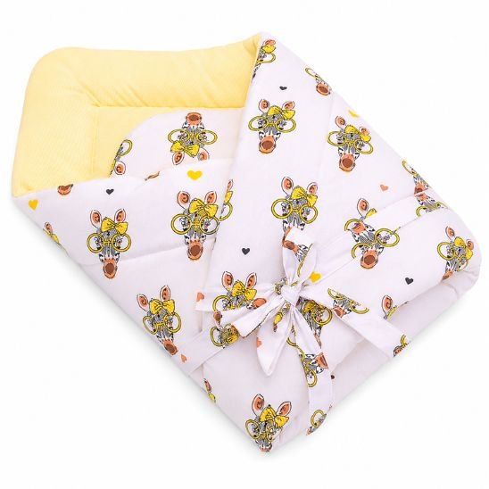 Couverture d'emmaillotage motif zèbre et ballons pliée, nouée avec son lien