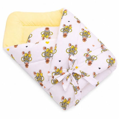 Couverture d'emmaillotage motif zèbre et ballons pliée, nouée avec son lien