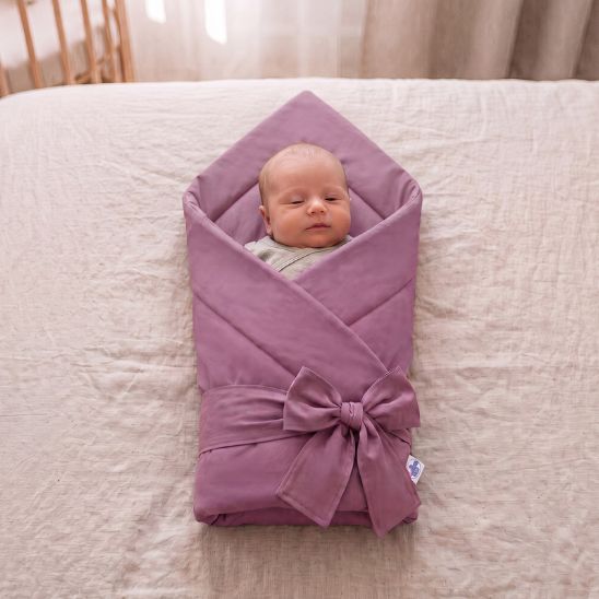 Bébé emmailloté dans une couverture unie mauve tendre, allongé sur un lit