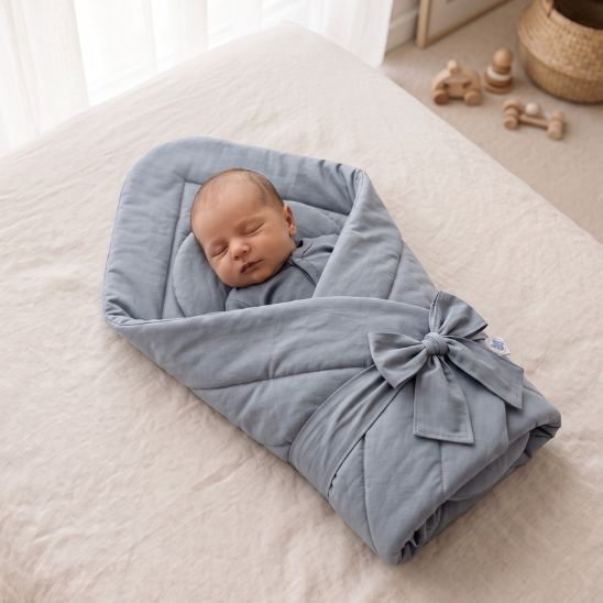 Bébé emmailloté dans une couverture unie bleu brume, posé sur du linge de maison