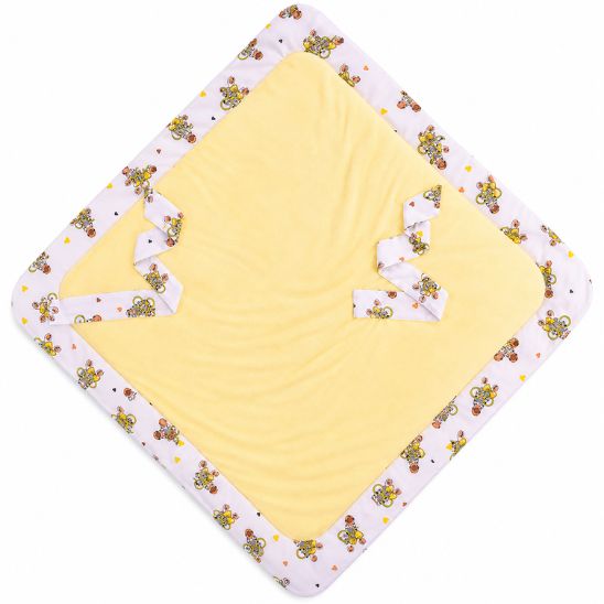 Couverture d'emmaillotage motif zèbre et ballons dépliée à plat, intérieur jaune