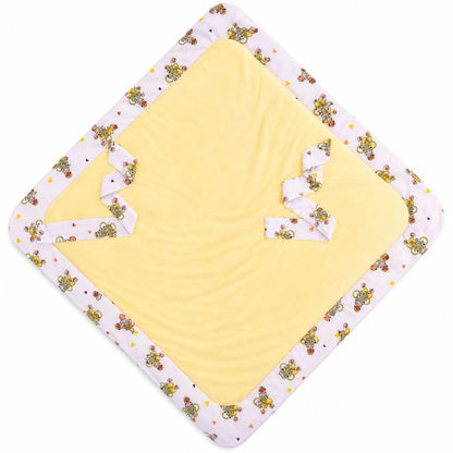 Couverture d'emmaillotage motif zèbre et ballons dépliée à plat, intérieur jaune