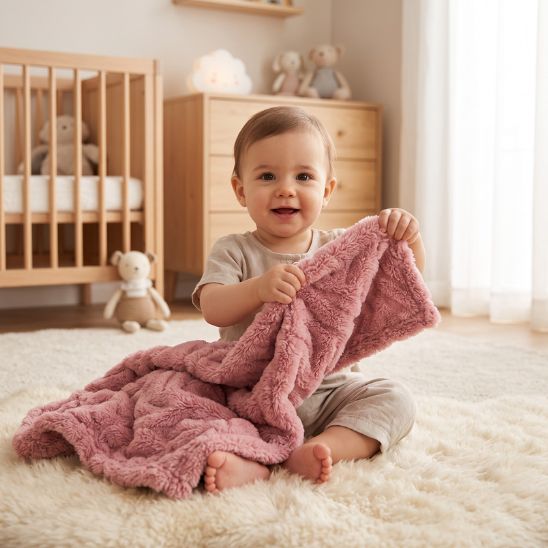 Enfant assis dans sa chambre tenant la couverture lit bébé rose en coral fleece