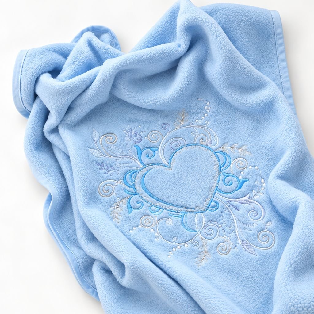Couverture polaire bébé brodée bleu ciel drapée, détail de la broderie cœur et volutes