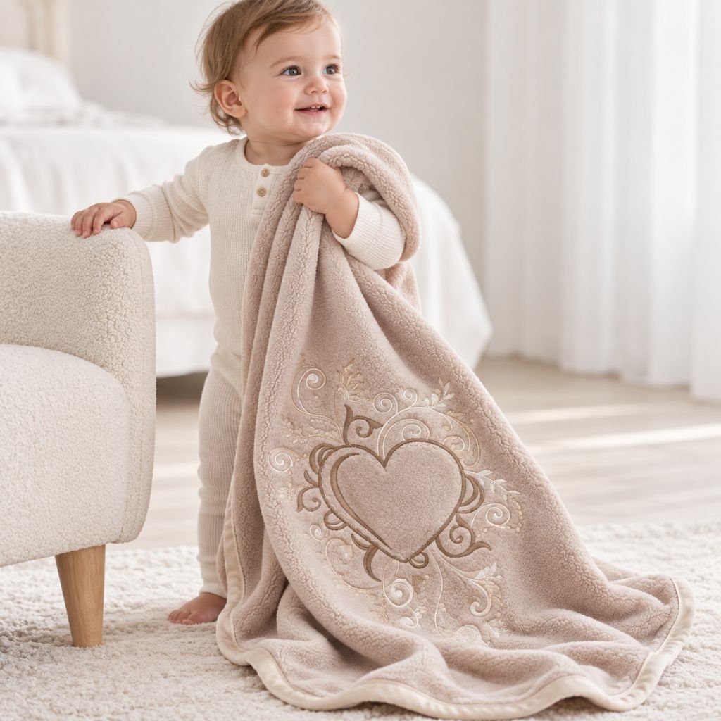 Bébé debout dans sa chambre tenant la couverture polaire bébé brodée taupe