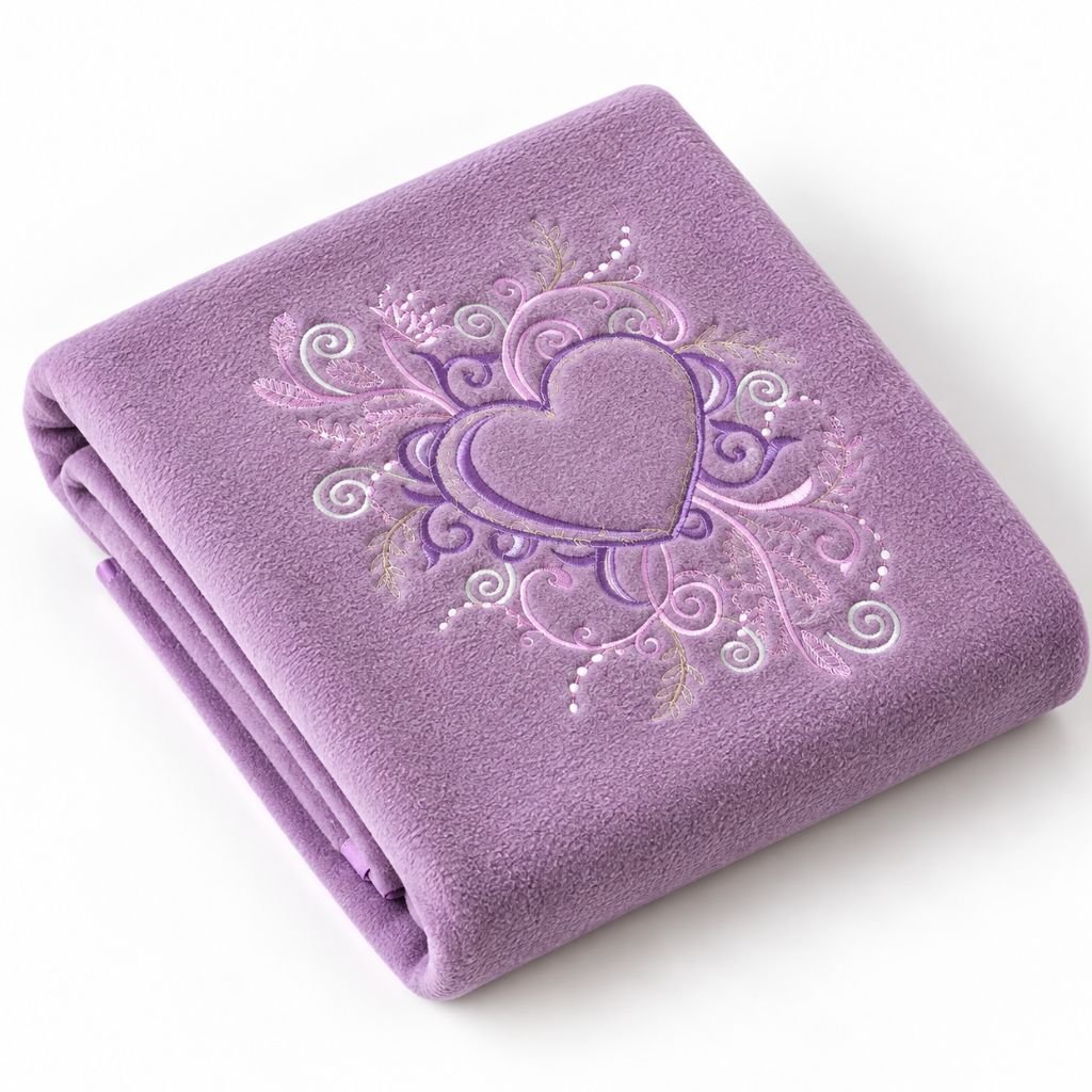 Couverture polaire bébé brodée coloris violet, pliée avec broderie cœur ornementale