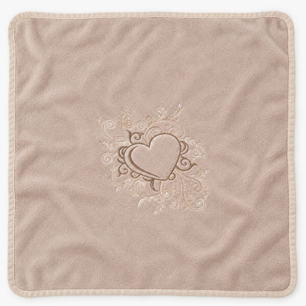 Couverture polaire bébé brodée taupe à plat, vue d'ensemble de la broderie cœur