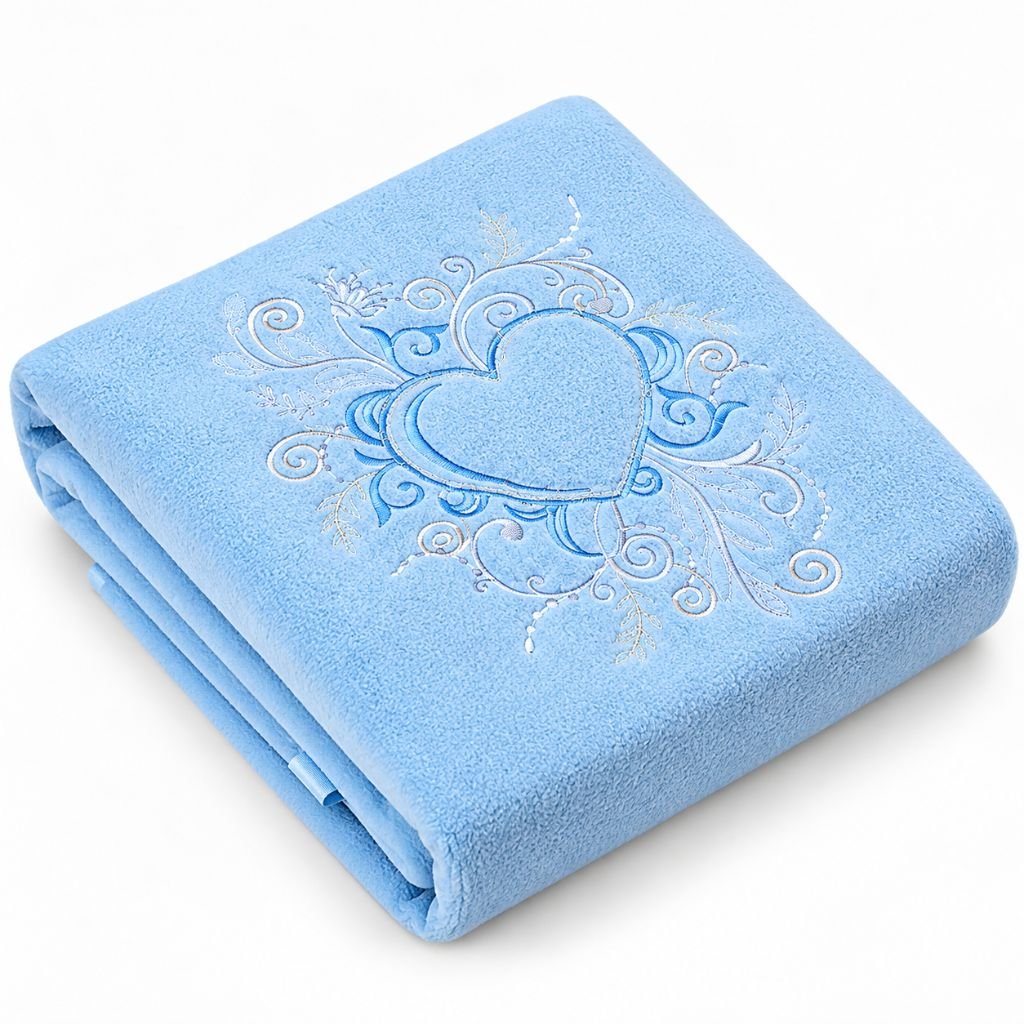 Couverture polaire bébé brodée coloris bleu ciel, pliée avec broderie cœur ornementale