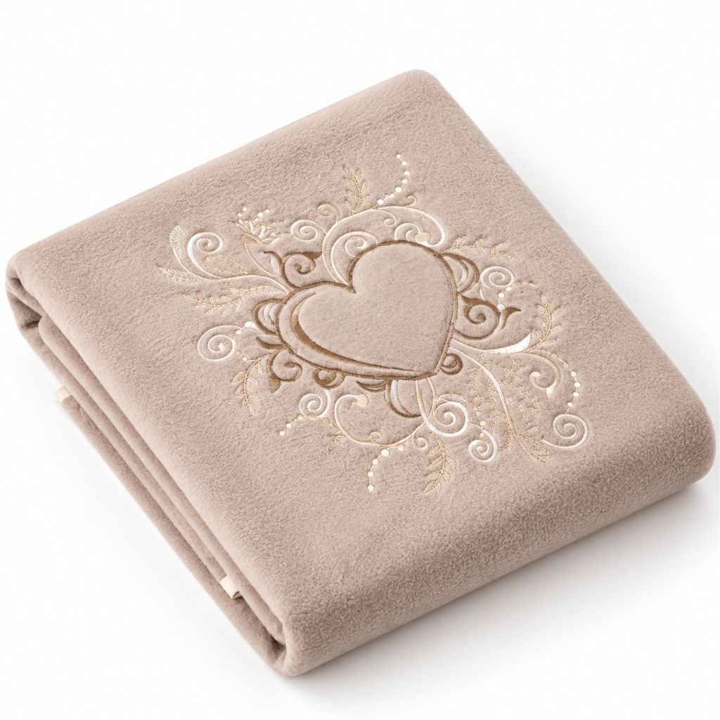 Couverture polaire bébé brodée coloris taupe, pliée avec broderie cœur ornementale