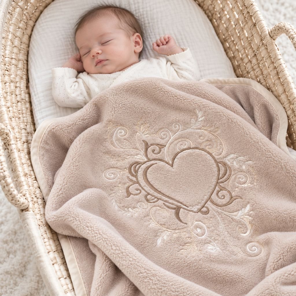 Bébé endormi dans un couffin en osier sous la couverture polaire bébé brodée taupe