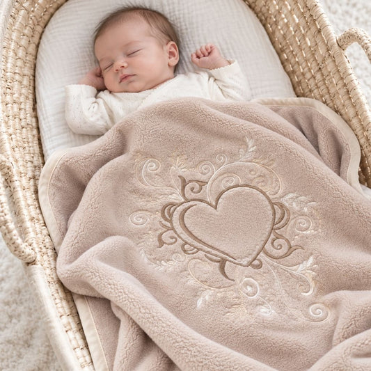 Bébé endormi dans un couffin en osier sous la couverture polaire bébé brodée taupe