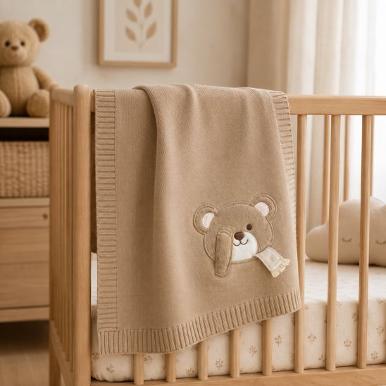 Couverture tricot pour bébé beige avec ourson brodé, posée sur un lit à barreaux