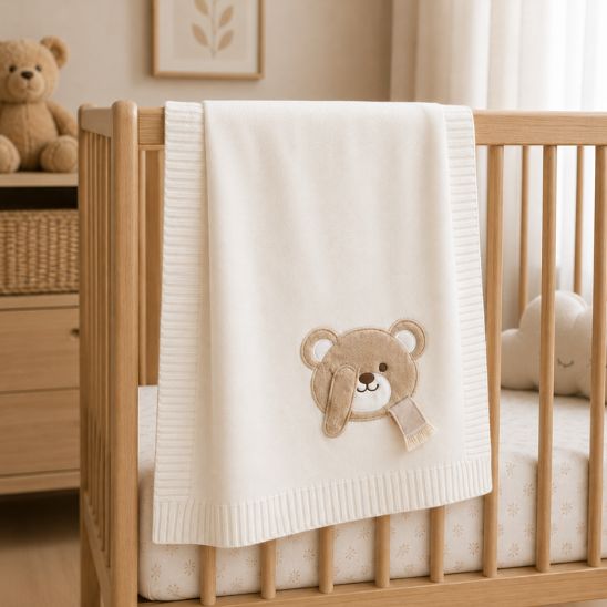 Couverture tricot pour bébé blanc écru avec ourson brodé, posée sur un lit à barreaux
