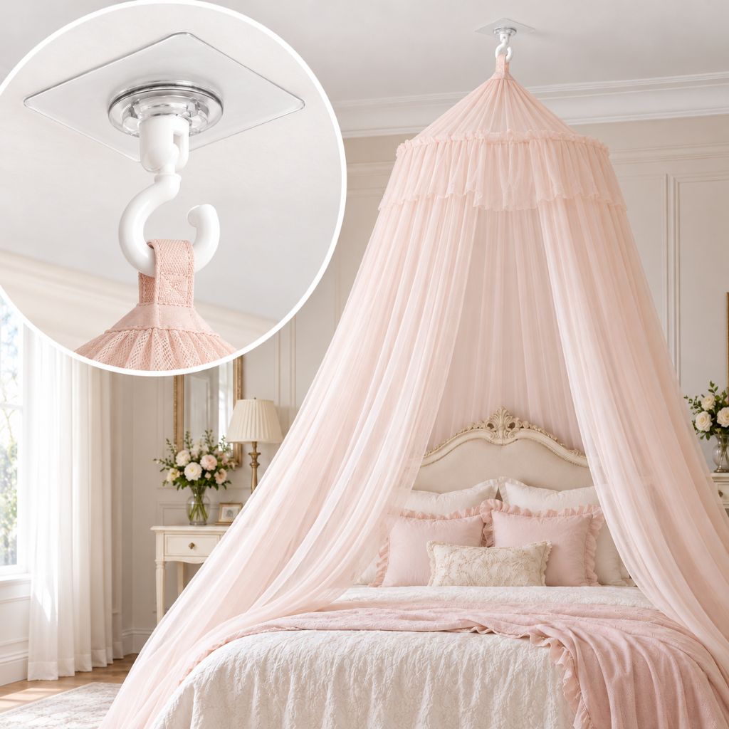 Crochet pour ciel de lit adhésif qui suspend un voile rose au plafond d'une chambre