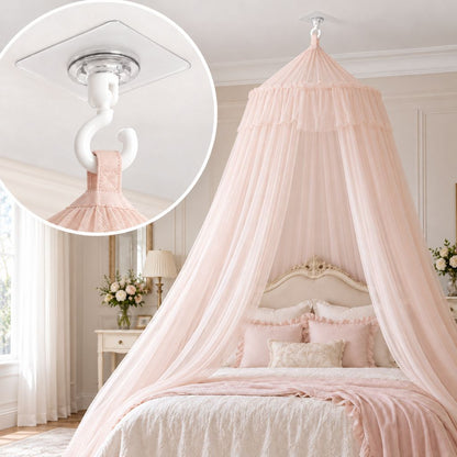 Crochet pour ciel de lit adhésif qui suspend un voile rose au plafond d'une chambre