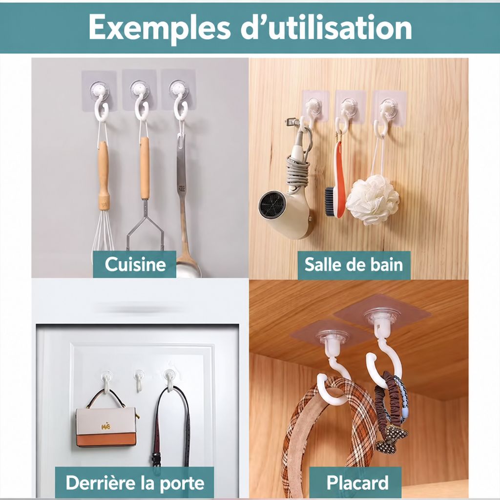 Crochet adhésif sans perçage utilisé en cuisine, salle de bain, porte et placard
