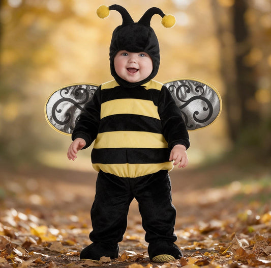 Bébé souriant debout en déguisement abeille bébé à rayures jaunes et noires, bonnet à antennes pompons et ailes argentées, sur un chemin d'automne