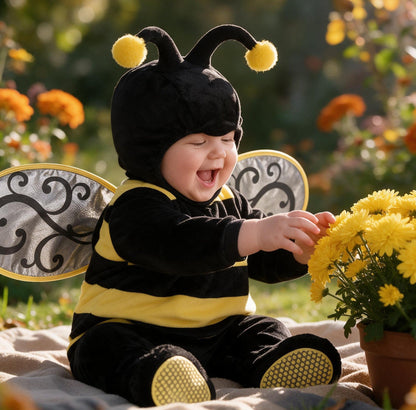 Bébé en déguisement abeille assis dans le jardin qui touche des chrysanthèmes jaunes en riant