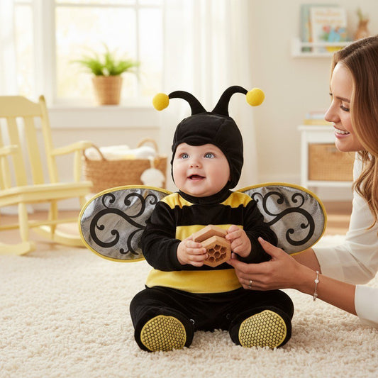 "Costume abeille bébé vu de dos avec ailes décoratives et rayures noires et jaunes – Spot Bébé"