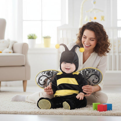Bonnet abeille bébé avec antennes pompons jaunes, détail du tissu velours doux – Spot Bébé"