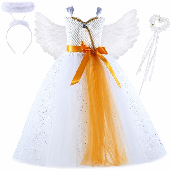 Ensemble complet déguisement ange fille : robe, ailes, halo et baguette
