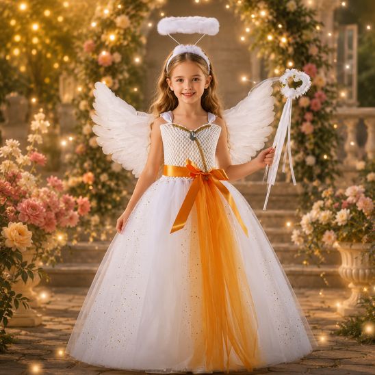 Déguisement ange fille complet avec halo, ailes et baguette dans un jardin illuminé