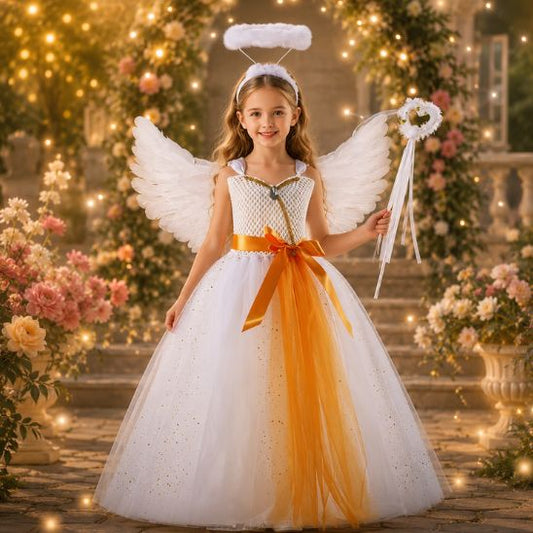 Déguisement ange fille complet avec halo, ailes et baguette dans un jardin illuminé