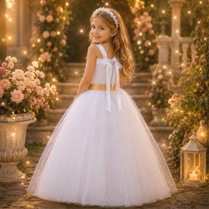 Fillette en déguisement ange, vue de dos, robe blanche et ceinture dorée