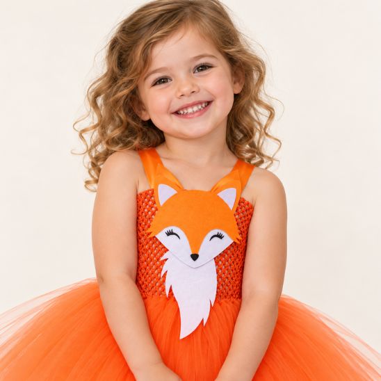 Gros plan sur le haut du déguisement renard : bustier en crochet orange, bretelles en satin et tête de renard en feutrine aux yeux souriants