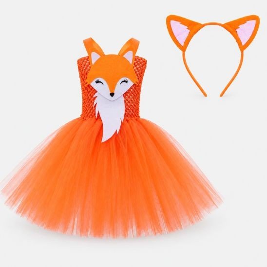 Déguisement animaux renard complet : robe tutu orange avec tête de renard en feutrine et serre‑tête oreilles assorti