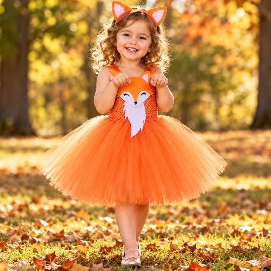 Petite fille souriante en déguisement animaux renard, robe tutu orange et serre‑tête oreilles de renard, dans un parc en automne