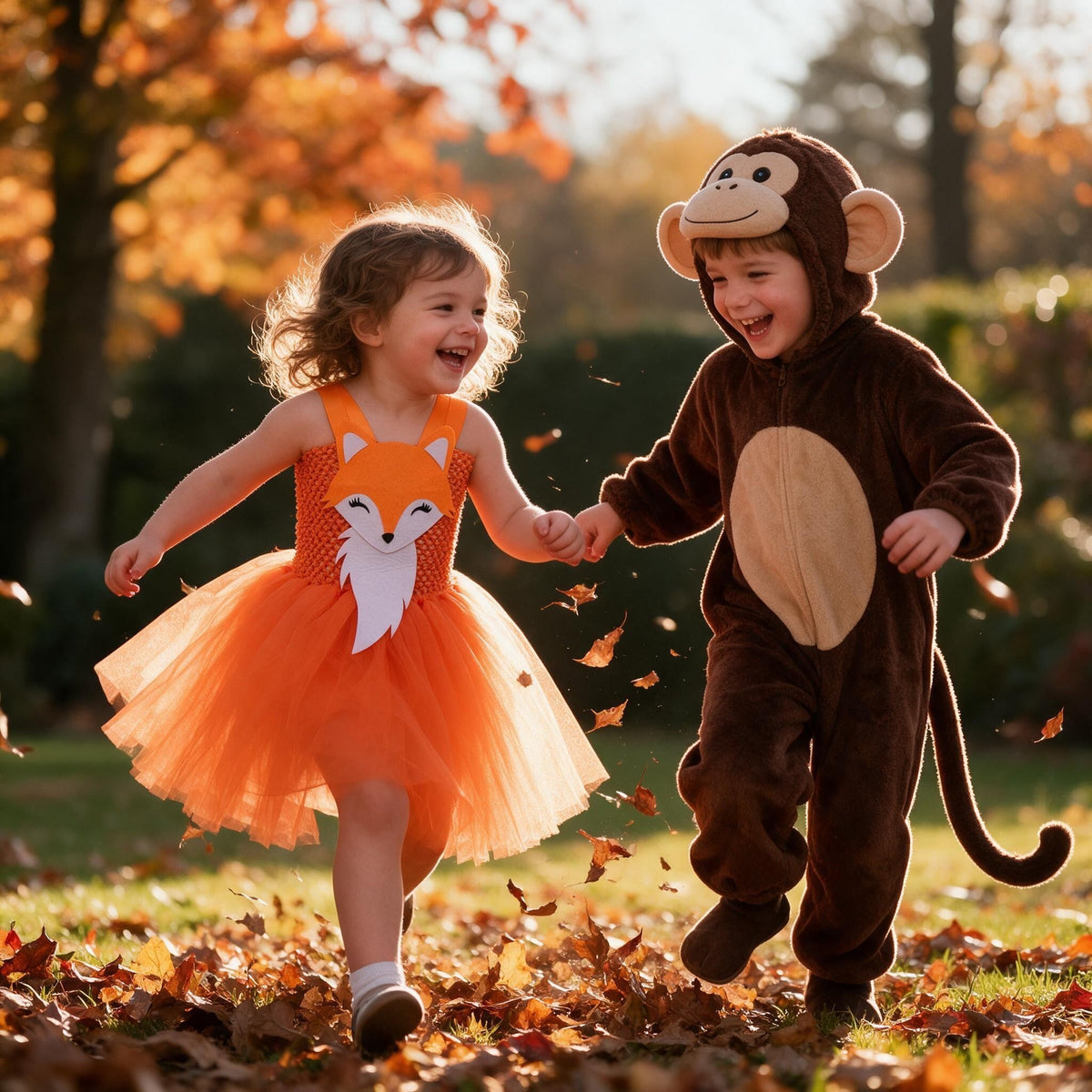 Petite fille en robe tutu renard qui court dans les feuilles d'automne avec son frère déguisé en singe