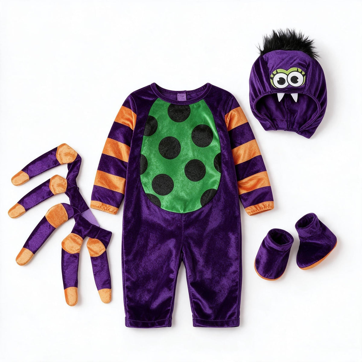 Déguisement araignée bébé complet : combinaison violette à ventre vert, pattes rembourrées séparées, cagoule et chaussons