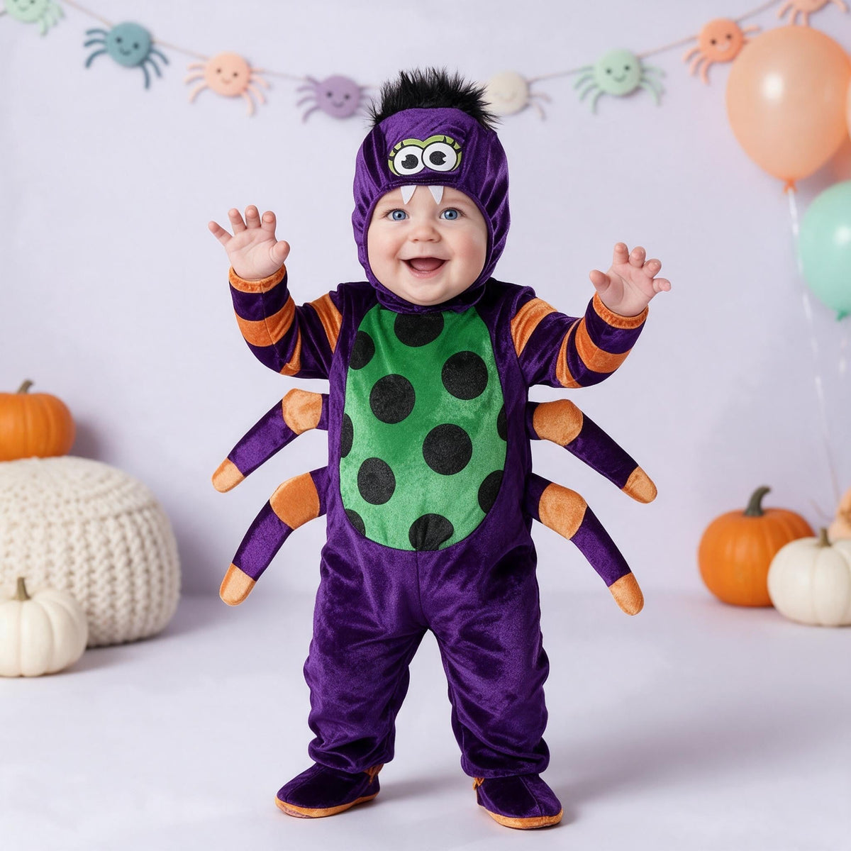 Bébé souriant debout en déguisement araignée bébé violet à ventre vert à pois, pattes orange et cagoule à grands yeux, en studio lilas