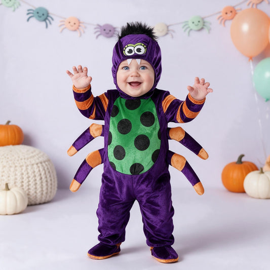 Bébé souriant debout en déguisement araignée bébé violet à ventre vert à pois, pattes orange et cagoule à grands yeux, en studio lilas