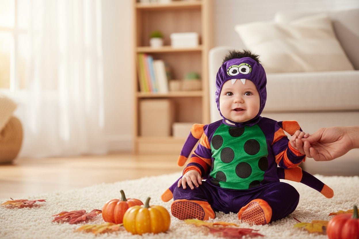 Gros plan bébé souriant en costume Halloween araignée violet et vert.