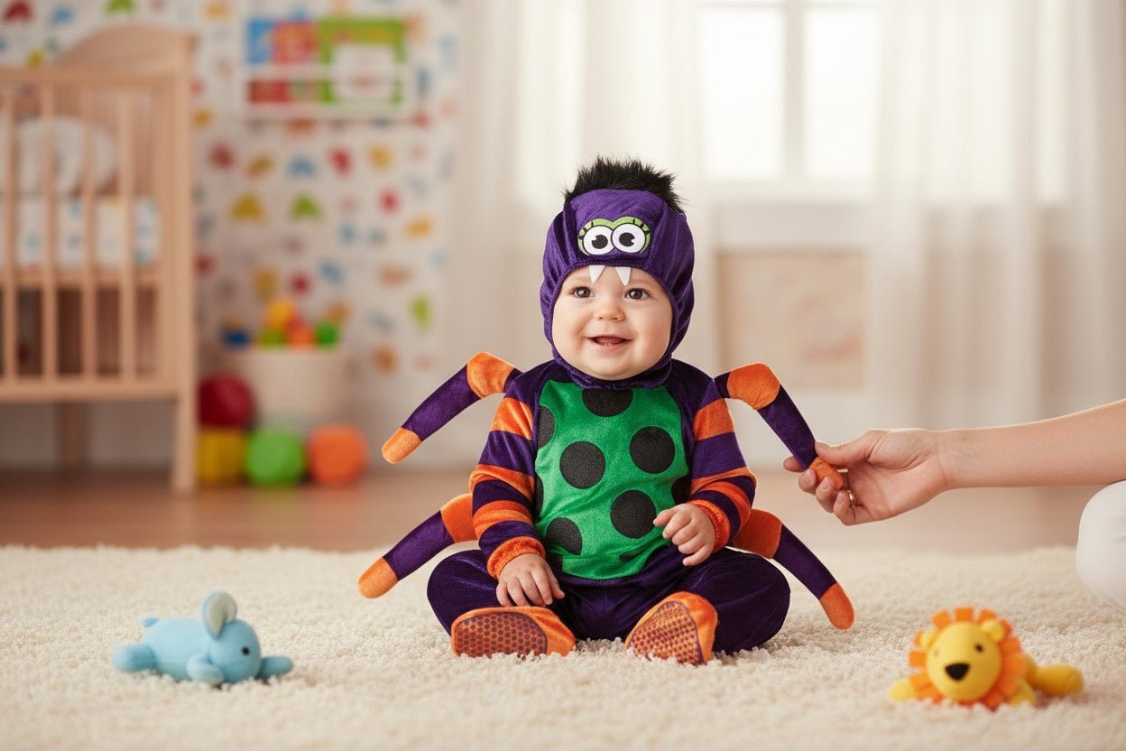 Costume Halloween bébé araignée violet et vert, assis au salon avec petites citrouilles