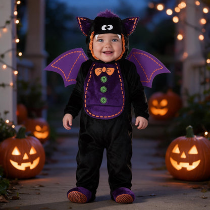 Bébé souriant debout en déguisement bébé chauve‑souris, ailes violettes et plastron à nœud orange, devant des citrouilles d'Halloween