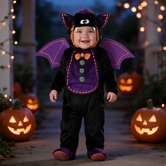 Bébé souriant debout en déguisement bébé chauve‑souris, ailes violettes et plastron à nœud orange, devant des citrouilles d'Halloween