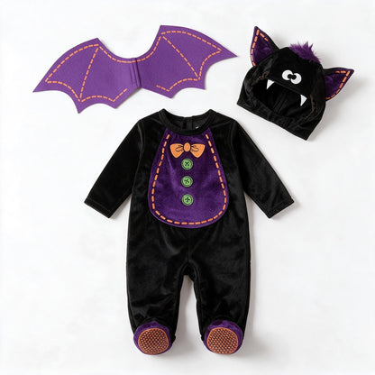 Déguisement bébé chauve‑souris complet : combinaison noire à pieds, ailes violettes en feutrine et cagoule à oreilles et petits crocs