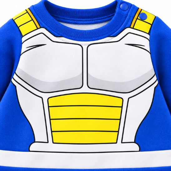 Détail du motif bleu, blanc et jaune du déguisement bébé garço