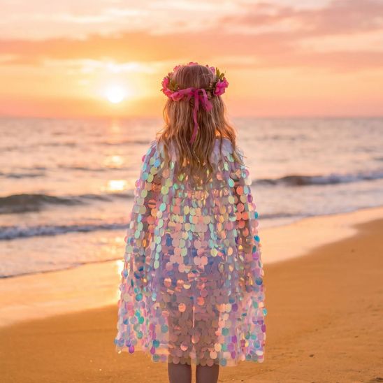 Cape sirène enfant vue de dos face à l'océan au coucher du soleil
