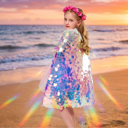 Cape de sirène enfant sur la plage, fillette regardant par-dessus l'épaule
