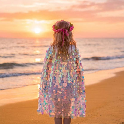 Cape sirène enfant vue de dos face à l'océan au coucher du soleil