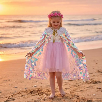 Déguisement cape sirène enfant porté sur robe rose, décor de plage au coucher du soleil