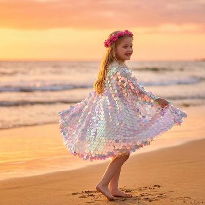 Déguisement cape sirène enfant sur la plage au coucher du soleil, vue de profil