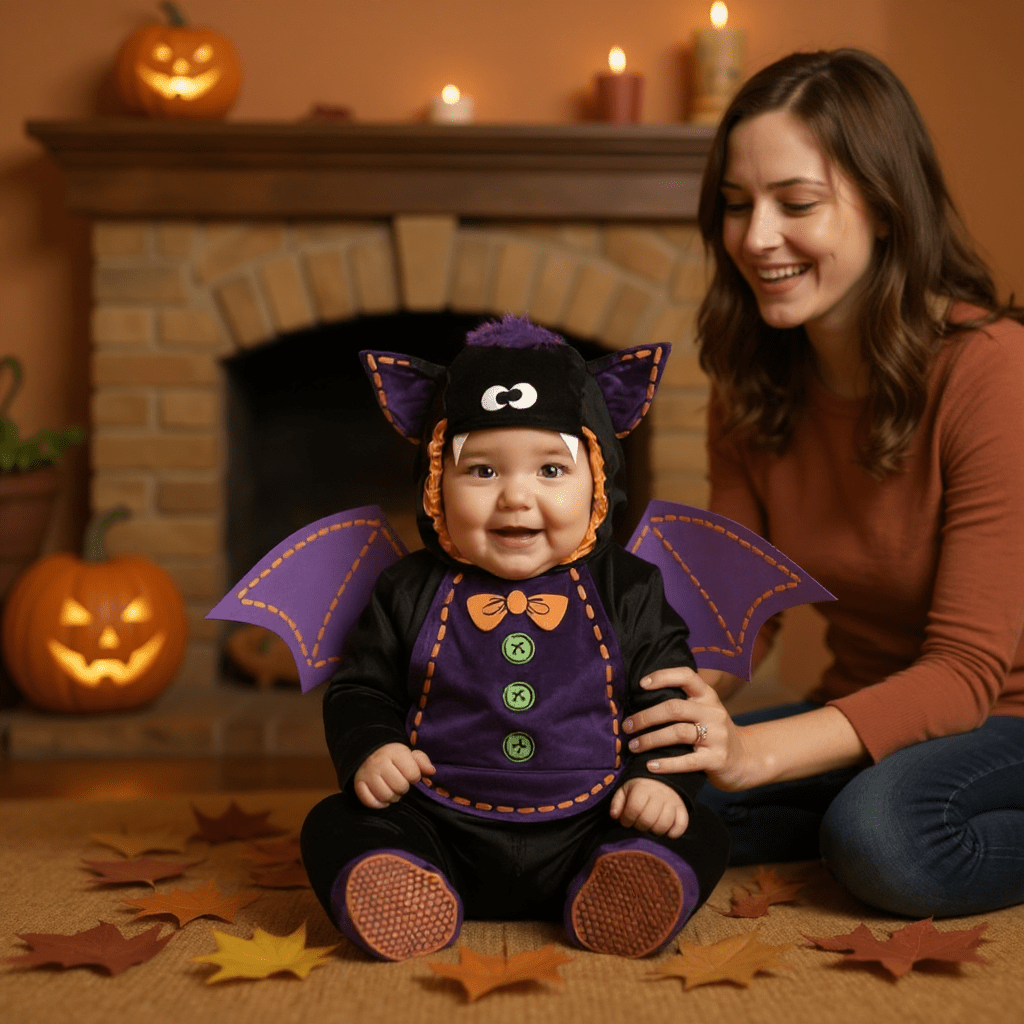 Costume chauve-souris bébé avec ailes violettes sur couverture au milieu des citrouilles