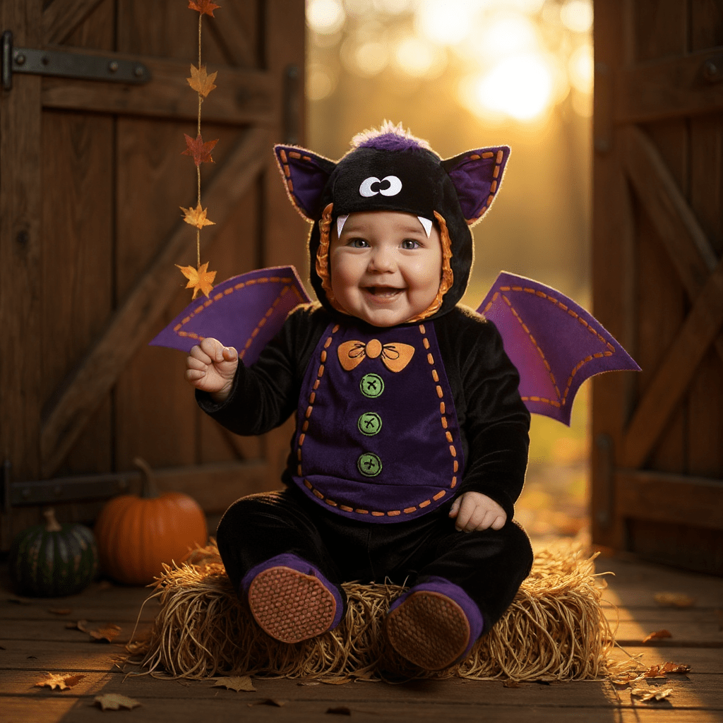 Bébé en costume chauve-souris assis sur un tapis de feuilles d’automne