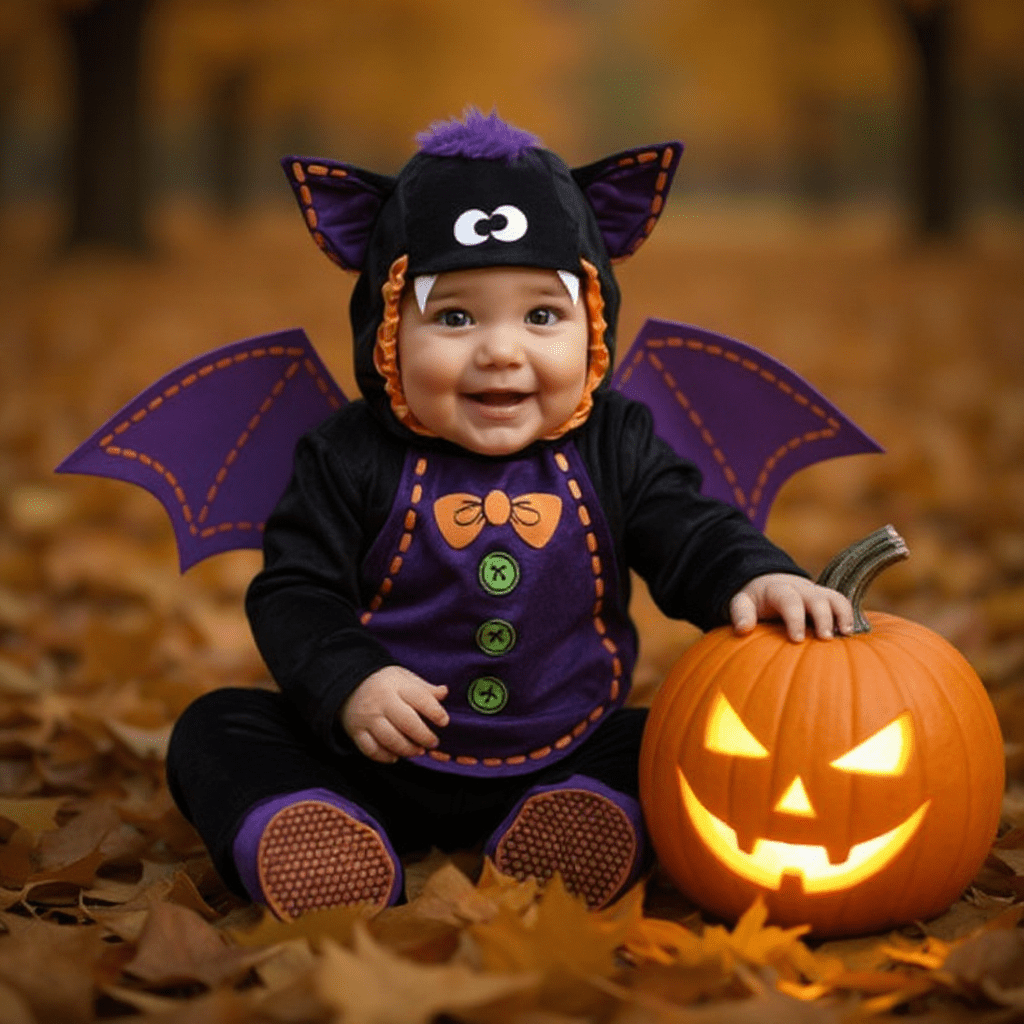 Bébé déguisé en chauve-souris assis parmi les feuilles d’automne