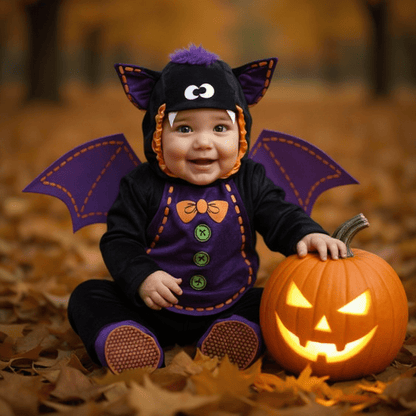 Bébé déguisé en chauve-souris assis parmi les feuilles d’automne